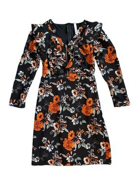 NY Collection Black Floral Long Sleeve Ruffle Dress with Orange Accents